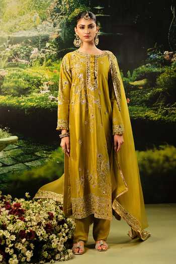 Buy_Priyaa_Gold Organza, Chanderi, Satin Embroidery Round Neck Rumi Kurta Set _at_Aza_Fashions