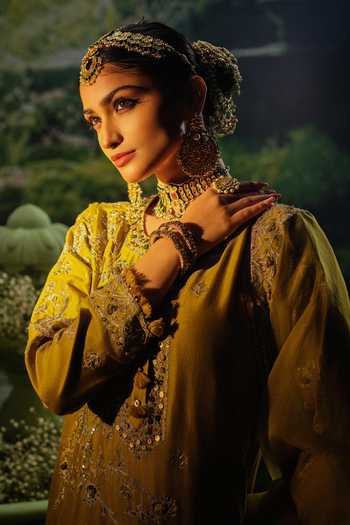 Buy_Priyaa_Gold Organza, Chanderi, Satin Embroidery Round Neck Rumi Kurta Set _Online_at_Aza_Fashions
