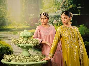 Shop_Priyaa_Gold Organza, Chanderi, Satin Embroidery Round Neck Rumi Kurta Set _Online_at_Aza_Fashions
