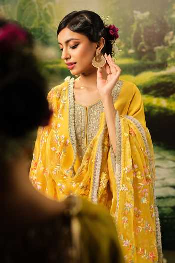 Buy_Priyaa_Yellow Silk, Organza, Satin Embroidery Round Neck Sania Kurta Set _Online_at_Aza_Fashions
