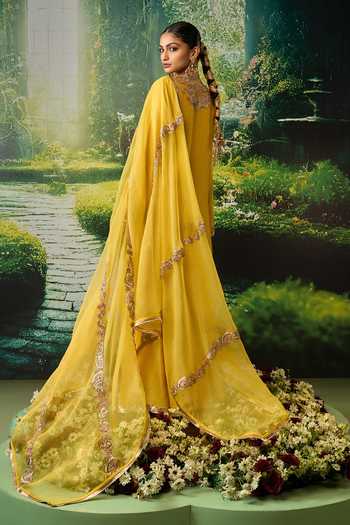 Shop_Priyaa_Yellow Organza, Chanderi, Satin Embroidery Round Neck, Yes Lehar Kurta Set _at_Aza_Fashions
