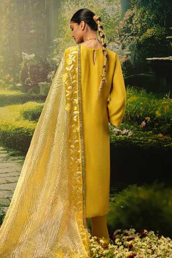 Shop_Priyaa_Yellow Silk, Organza Embroidery, Zari Round Neck Zenia Kurta Set _at_Aza_Fashions