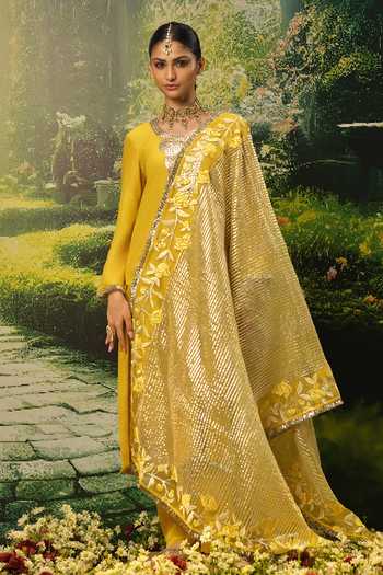 Shop_Priyaa_Yellow Silk, Organza Embroidery, Zari Round Neck Zenia Kurta Set _Online_at_Aza_Fashions
