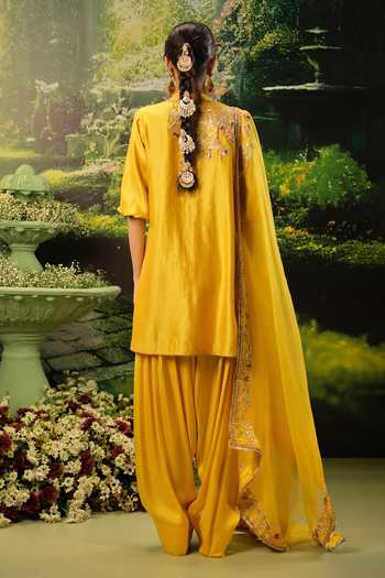 Shop_Priyaa_Yellow Organza, Chanderi, Satin Embroidery Mandarin Collar Sarah Kurta Set _at_Aza_Fashions