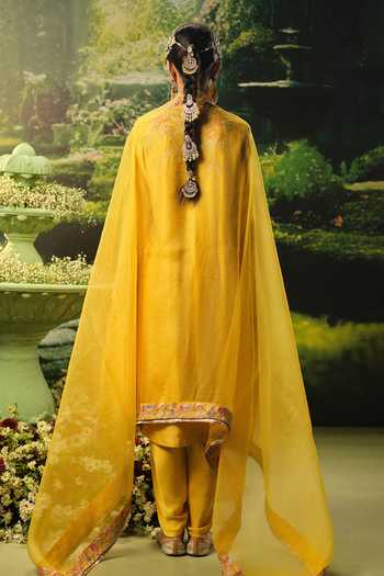 Shop_Priyaa_Yellow Organza, Chanderi, Satin Embroidery V-neck, Yes Raya Kurta Set _at_Aza_Fashions