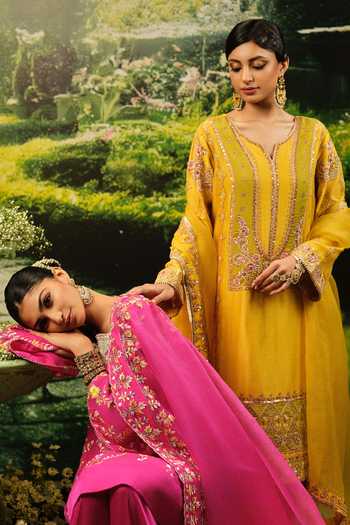 Shop_Priyaa_Yellow Organza, Chanderi, Satin Embroidery Split V-neck Rihanna Kurta Set _Online_at_Aza_Fashions