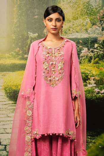 Shop_Priyaa_Pink Silk, Organza Embroidery Round Neck Donia Kurta Set _Online_at_Aza_Fashions