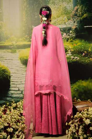 Priyaa_Pink Silk, Organza Embroidery Round Neck Donia Kurta Set _Online_at_Aza_Fashions