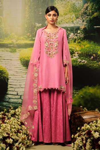 Buy_Priyaa_Pink Silk, Organza Embroidery Round Neck Donia Kurta Set _at_Aza_Fashions