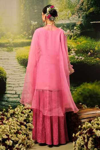 Shop_Priyaa_Pink Silk, Organza Embroidery, Beads, Pearls Round Neck Yalina Kurta Set _at_Aza_Fashions