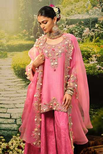 Buy_Priyaa_Pink Silk, Organza Embroidery, Beads, Pearls Round Neck Yalina Kurta Set _Online_at_Aza_Fashions
