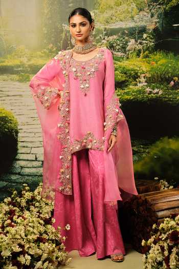 Shop_Priyaa_Pink Silk, Organza Embroidery, Beads, Pearls Round Neck Yalina Kurta Set _Online_at_Aza_Fashions