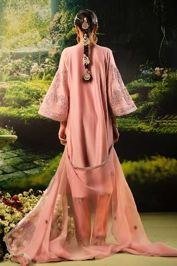 Priyaa_Pink Organza, Chanderi, Satin Sequins, Zari Split Sofia Embroidered Kurta Set _Online_at_Aza_Fashions