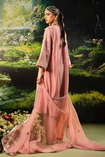 Buy_Priyaa_Pink Organza, Chanderi, Satin Sequins, Zari Split Sofia Embroidered Kurta Set _Online_at_Aza_Fashions