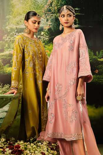 Shop_Priyaa_Pink Organza, Chanderi, Satin Sequins, Zari Split Sofia Embroidered Kurta Set _Online_at_Aza_Fashions