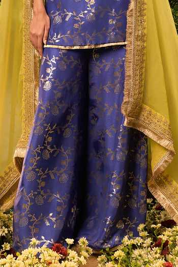 Priyaa_Blue Silk, Organza, Brocade Zari, Embroidery Square Neck Noo Kurta Sharara Set _Online_at_Aza_Fashions