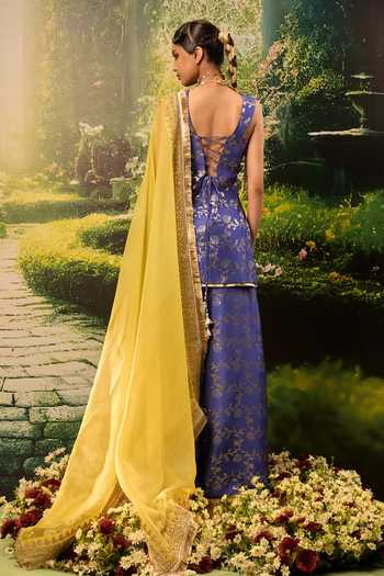Shop_Priyaa_Blue Silk, Organza, Brocade Zari, Embroidery Square Neck Noo Kurta Sharara Set _at_Aza_Fashions