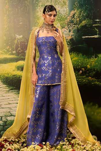 Buy_Priyaa_Blue Silk, Organza, Brocade Zari, Embroidery Square Neck Noo Kurta Sharara Set _Online_at_Aza_Fashions