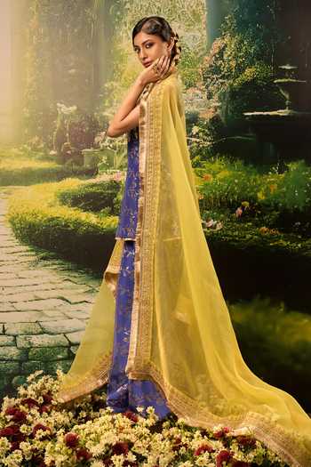 Shop_Priyaa_Blue Silk, Organza, Brocade Zari, Embroidery Square Neck Noo Kurta Sharara Set _Online_at_Aza_Fashions