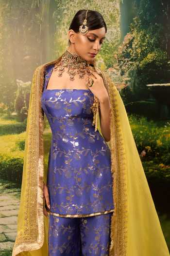 Priyaa_Blue Silk, Organza, Brocade Zari, Embroidery Square Neck Noo Kurta Sharara Set _at_Aza_Fashions