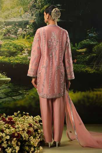 Shop_Priyaa_Pink Silk, Organza, Chanderi Embroidery, Zari V-neck Seher Kurta Set _at_Aza_Fashions