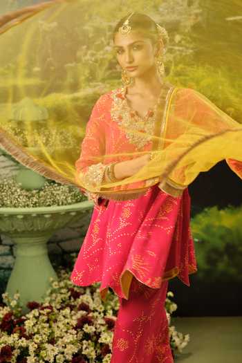 Buy_Priyaa_Pink Silk, Net Embroidery V-neck Firdous Short Kurta Set _Online_at_Aza_Fashions