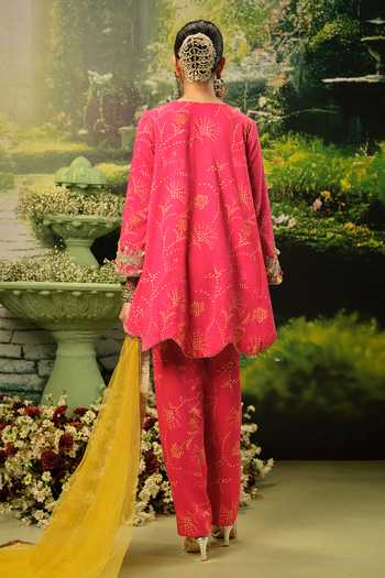 Shop_Priyaa_Pink Silk, Net Embroidery V-neck Firdous Short Kurta Set _at_Aza_Fashions