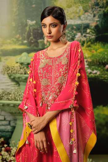 Buy_Priyaa_Pink Silk Embroidery, Tassels Round Neck Inaya Kaftan _Online_at_Aza_Fashions