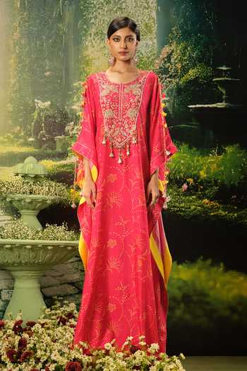 Shop_Priyaa_Pink Silk Embroidery, Tassels Round Neck Inaya Kaftan _Online_at_Aza_Fashions