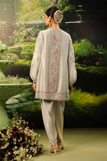 Shop_Priyaa_Grey Organza, Chanderi, Satin Embroidery Round Neck Mahnoor Kurta And Pant Set _at_Aza_Fashions