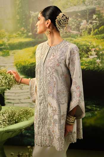 Priyaa_Grey Organza, Chanderi, Satin Embroidery Round Neck Mahnoor Kurta And Pant Set _Online_at_Aza_Fashions