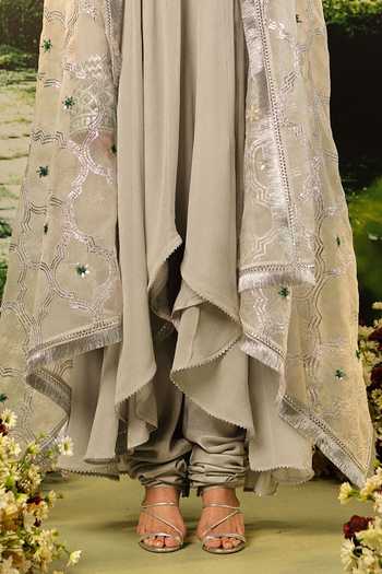 Buy_Priyaa_Grey Silk, Organza, Georgette Embroidery, Beads, Abeer Asymmetric Anarkali Set _Online_at_Aza_Fashions