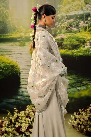 Shop_Priyaa_Grey Silk, Organza, Georgette Embroidery, Beads, Abeer Asymmetric Anarkali Set _Online_at_Aza_Fashions
