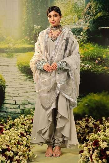 Buy_Priyaa_Grey Silk, Organza, Georgette Embroidery, Beads, Abeer Asymmetric Anarkali Set _at_Aza_Fashions