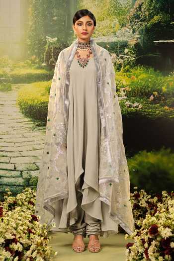 Priyaa_Grey Silk, Organza, Georgette Embroidery, Beads, Abeer Asymmetric Anarkali Set _at_Aza_Fashions