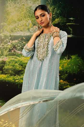 Priyaa_Blue Organza, Chanderi, Satin Sequins, Zari, Stones Ridaa Embroidered Kurta Set _Online_at_Aza_Fashions