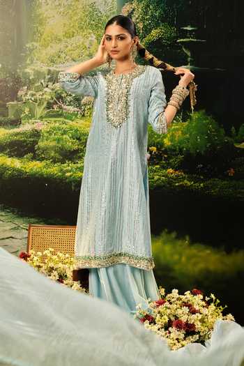 Buy_Priyaa_Blue Organza, Chanderi, Satin Sequins, Zari, Stones Ridaa Embroidered Kurta Set _Online_at_Aza_Fashions