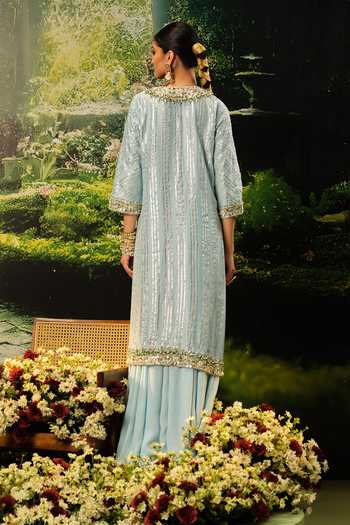 Shop_Priyaa_Blue Organza, Chanderi, Satin Sequins, Zari, Stones Ridaa Embroidered Kurta Set _at_Aza_Fashions