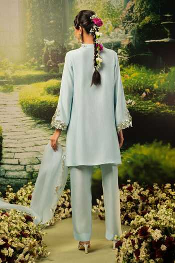 Shop_Priyaa_Blue Silk, Organza Embroidery Mandarin Collar Sabah Kurta Set _at_Aza_Fashions