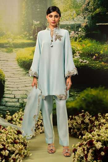 Buy_Priyaa_Blue Silk, Organza Embroidery Mandarin Collar Sabah Kurta Set _at_Aza_Fashions