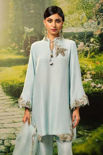 Buy_Priyaa_Blue Silk, Organza Embroidery Mandarin Collar Sabah Kurta Set _Online_at_Aza_Fashions