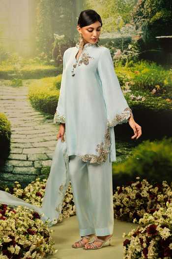 Shop_Priyaa_Blue Silk, Organza Embroidery Mandarin Collar Sabah Kurta Set _Online_at_Aza_Fashions