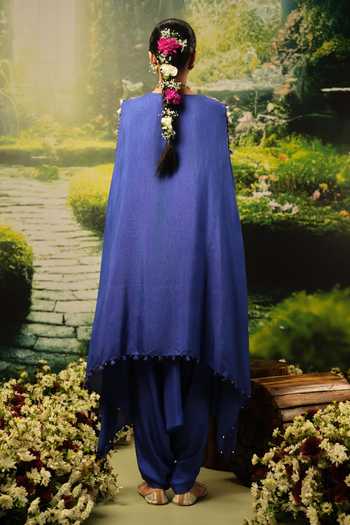 Priyaa_Blue Silk, Satin Embroidery V-neck Salma Top And Pant Set _Online_at_Aza_Fashions
