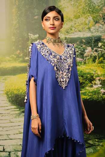 Shop_Priyaa_Blue Silk, Satin Embroidery V-neck Salma Top And Pant Set _Online_at_Aza_Fashions