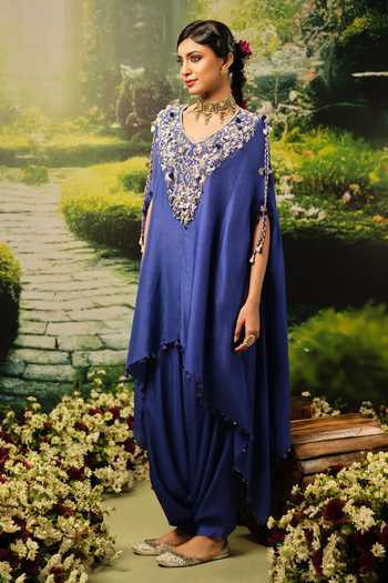 Priyaa_Blue Silk, Satin Embroidery V-neck Salma Top And Pant Set _at_Aza_Fashions