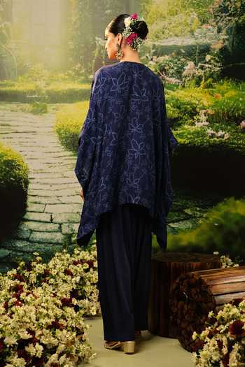 Shop_Priyaa_Navy Silk, Satin Embroidery Round Neck Lila Top And Pant Set _at_Aza_Fashions
