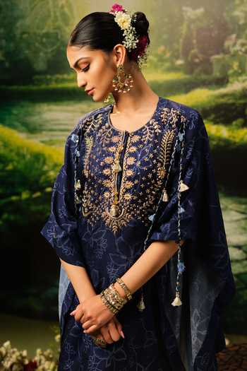 Buy_Priyaa_Navy Silk, Satin Embroidery Round Neck Lila Top And Pant Set _Online_at_Aza_Fashions