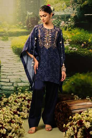 Buy_Priyaa_Navy Silk, Satin Embroidery Round Neck Lila Top And Pant Set _at_Aza_Fashions