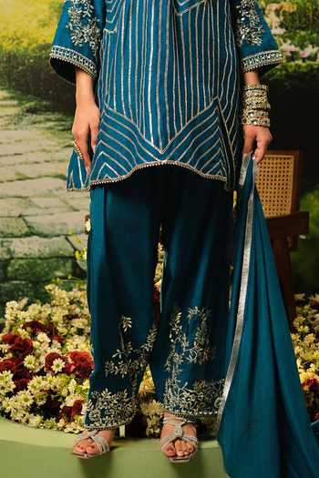Priyaa_Teal Silk, Organza, Satin Embroidery Round Neck Sameera Kurta Set _Online_at_Aza_Fashions
