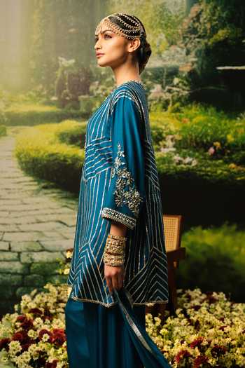 Buy_Priyaa_Teal Silk, Organza, Satin Embroidery Round Neck Sameera Kurta Set _Online_at_Aza_Fashions